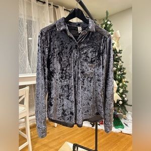 Anthropologie Velvet Luxe: Charcoal Grey Crushed Velvet Shirt with Button Front
